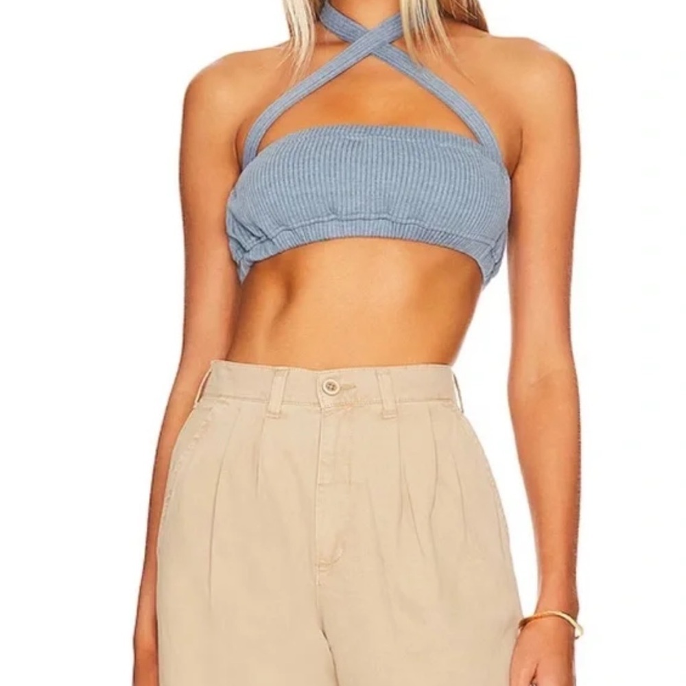 NWT WeWoreWhat Blue Halter Tie Neckline Wide Ribbed Crop Top Bandeau Style